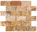 Forum Terra Autumn Leaves (Scabos) travertine 2x4 brick mosaic sheet tumbled, studio image showing sun-baked multi-tonal creams, tans, and deeper earthy accents with natural pores, softened edges, and rich variation for shower floors and warm accent areas.