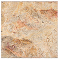  Forum Terra Autumn Leaves (Scabos) travertine tile 18x18 filled and honed, studio image showing sun-baked creams, tans, and deeper earthy accents with a smoother filled surface and rich natural variation for welcoming floors, entryways, and warm spa-style bathrooms.