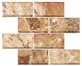 Forum Terra Autumn Leaves (Scabos) travertine subway tile 3x6 honed, studio image showing warm multi-tonal creams, tans, and earthy accents with natural pores and sun-baked variation for welcoming backsplashes and shower walls.
