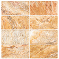 Forum Terra Autumn Leaves (Scabos) travertine subway tile 3x6 tumbled, studio image showing sun-baked creams, tans, and deeper earthy accents with natural pores, softened edges, and rich variation for warm backsplashes, shower walls, and welcoming interiors.