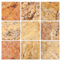 Forum Terra Autumn Leaves (Scabos) travertine tile 4x4 tumbled, studio image showing sun-baked creams, tans, and deeper earthy accents with natural pores, softened edges, and rich variation for warm backsplashes, shower walls, and timeless accents.