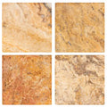 Forum Terra Autumn Leaves (Scabos) travertine tile 6x6 tumbled, studio image showing sun-baked multi-tonal creams, tans, and deeper earthy accents with natural pores, softened edges, and rich variation for warm backsplashes, shower walls, and timeless accents.
