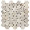 forum terra Grigio silver travertine Hexagonal stone mosaic tile pattern on a white background