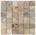 Forum Terra Grigio silver travertine 2x2 mosaic sheet tumbled, studio image showing cool gray tones with natural pores, softened edges, and subtle variation in a clean grid for shower floors and modern wet-area accents.