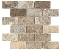  Forum Terra Grigio silver travertine 2x4 brick mosaic sheet tumbled, studio image showing cool gray tones with natural pores, softened edges, and subtle variation in a running-bond pattern for shower floors and modern wet-area accents.