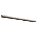 Forum Terra Grigio silver travertine pencil liner trim, studio image showing a slim rounded profile in cool gray travertine with natural pores and subtle variation for edging and finishing details.