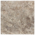 Forum Terra Grigio silver travertine tile 12x12 filled and honed, studio image showing cool gray tones with a smoother filled surface, subtle pore character, and natural variation for modern floors, showers, and clean-lined interiors.
