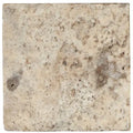 Forum Terra Grigio silver travertine tile 12x12 tumbled, studio image showing cool gray tones with natural pores, softened edges, and subtle variation for modern floors, shower walls, and timeless interiors.