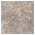 Forum Terra Grigio silver travertine tile 6x6 filled and honed, studio image showing cool gray tones with a smoother filled surface, subtle pore character, and natural variation for modern floors, showers, and clean-lined interiors.