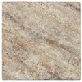 Forum Terra Grigio silver travertine tile 6x6 tumbled, studio image showing cool gray tones with natural pores, softened edges, and subtle variation for modern backsplashes, shower walls, and timeless accents.