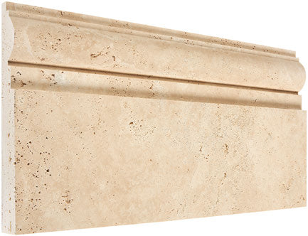 Forum Terra Ivory travertine baseboard trim, studio image showing a molded warm ivory-beige travertine profile with natural pores and subtle variation for decorative borders and wall transitions.