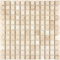 Forum Terra Ivory travertine 1x1 mosaic sheet honed, studio image showing warm ivory-beige tones with natural pores and quiet variation in a small-format grid for shower floors and wet-area accents.