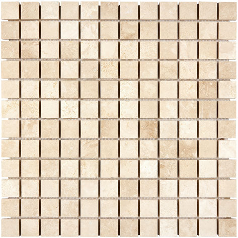 Forum Terra Ivory travertine 1x1 mosaic sheet honed, studio image showing warm ivory-beige tones with natural pores and quiet variation in a small-format grid for shower floors and wet-area accents.