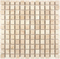 Forum Terra Ivory travertine 1x1 mosaic sheet tumbled, studio image showing warm ivory-beige tones with natural pores and quiet variation in a small-format grid for shower floors and wet-area accents.
