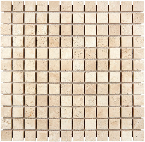 Forum Terra Ivory travertine 1x1 mosaic sheet tumbled, studio image showing warm ivory-beige tones with natural pores and quiet variation in a small-format grid for shower floors and wet-area accents.