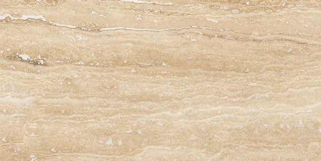 Forum Terra Ivory travertine tile 12x24 honed vein cut, studio image showing linear natural banding in warm ivory-beige tones with subtle pores and quiet variation for relaxed floors and walls.