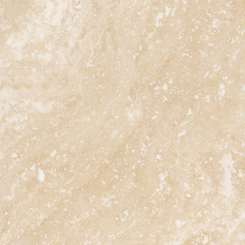 Forum Terra Ivory travertine tile 18x18 honed, studio image showing warm ivory-beige tone with natural pores and quiet variation for relaxed floors, entryways, and spa-style bathrooms.
