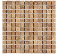 Forum Terra Umber travertine 1x1 mosaic sheet honed and filled, studio image showing rich warm brown tones with a smoother filled surface, subtle pore character, and natural variation in a small-format grid for shower floors and wet-area accents.