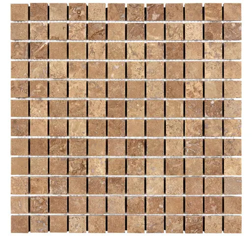 Forum Terra Umber travertine 1x1 mosaic sheet honed and filled, studio image showing rich warm brown tones with a smoother filled surface, subtle pore character, and natural variation in a small-format grid for shower floors and wet-area accents.