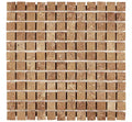 Forum Terra Umber travertine 1x1 mosaic sheet tumbled, studio image showing rich warm brown tones with natural pores and subtle variation in a small-format grid for shower floors and wet-area accents.