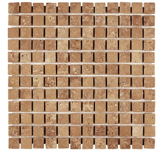 Forum Terra Umber travertine 1x1 mosaic sheet tumbled, studio image showing rich warm brown tones with natural pores and subtle variation in a small-format grid for shower floors and wet-area accents.