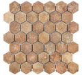 forum terra umber noce travertine 2 inch Hexagonal stone tiles in a mosaic pattern on a white background