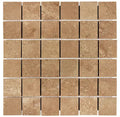 Forum Terra Umber travertine 2x2 mosaic sheet honed and filled, studio image showing rich warm brown tones with a smoother filled surface, subtle pore character, and natural variation in a clean grid for shower floors and wet-area accents.