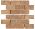 Forum Terra Umber travertine 2x4 brick mosaic sheet honed and filled, studio image showing rich warm brown tones with a smoother filled surface, natural variation, and subtle pore character for shower floors and accents.