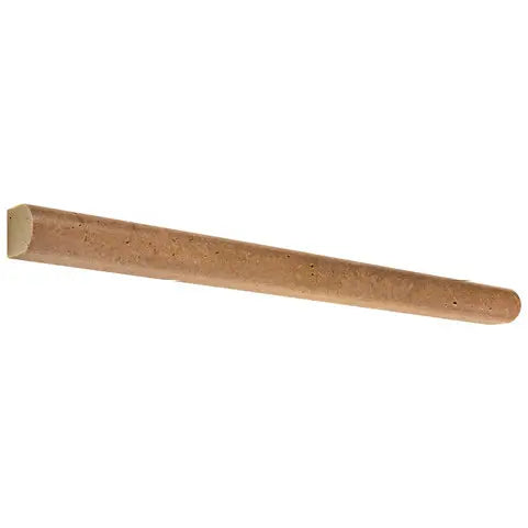 Forum Terra Umber travertine pencil liner trim, studio image showing a slim rounded profile in rich warm brown travertine with natural pores and subtle variation for edging and finishing details.