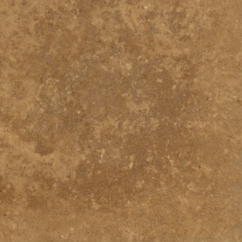  Forum Terra Umber travertine tile 12x12 honed and filled, studio image showing rich warm brown tone with a smoother filled surface, subtle pore character, and natural variation for floors, shower walls, and classic interiors.