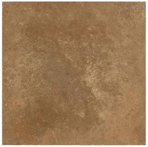 Forum Terra Umber travertine tile 18x18 honed and filled, studio image showing rich warm brown tone with a smoother filled surface, subtle pore character, and natural variation for floors, shower walls, and classic interiors.