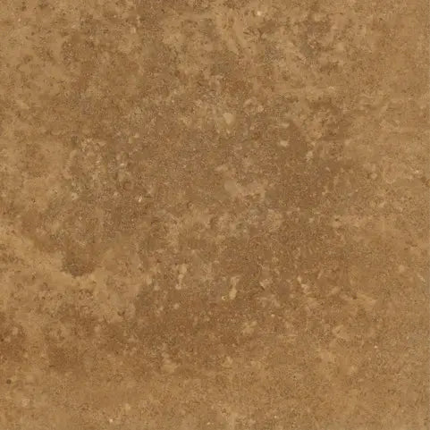Forum Terra Umber travertine tile 4x4 honed and filled, studio image showing rich warm brown tone with a smoother filled surface, subtle pore character, and natural variation for floors, shower walls, and classic accents.