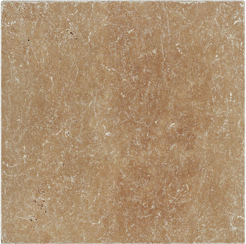 Forum Terra Umber travertine tile 4x4 tumbled, studio image showing rich warm brown tone with natural pores, softened edges, and subtle variation for rustic backsplashes, shower walls, and timeless accents.