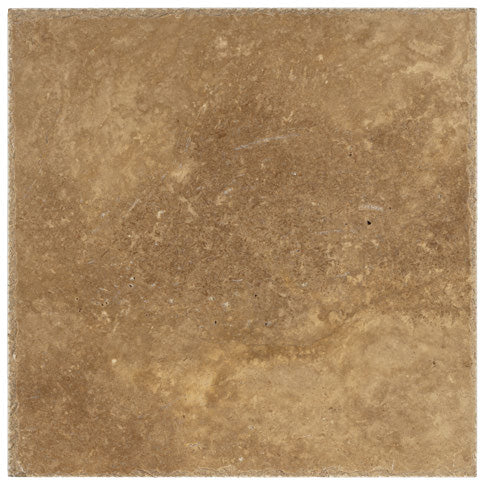 Forum Terra Umber travertine tile 6x6 honed and filled, studio image showing rich warm brown tone with a smoother filled surface, subtle pore character, and natural variation for floors, shower walls, and classic accents.