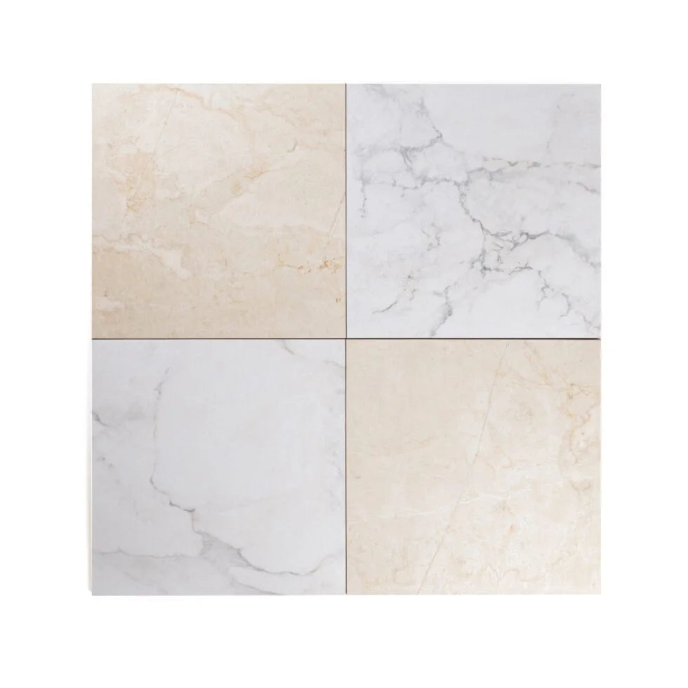 Four square porcelain tiles with marble patterns on a white background