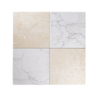 Four square porcelain tiles with marble patterns on a white background
