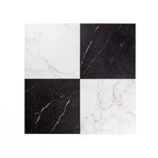 Four square tiles with black and white marble pattern on a white background