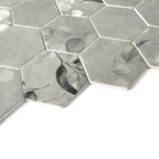 Close-up of HexaFusion Botanica Clover Petal matte pressed glass 3 inch hexagon mosaic with botanical pattern