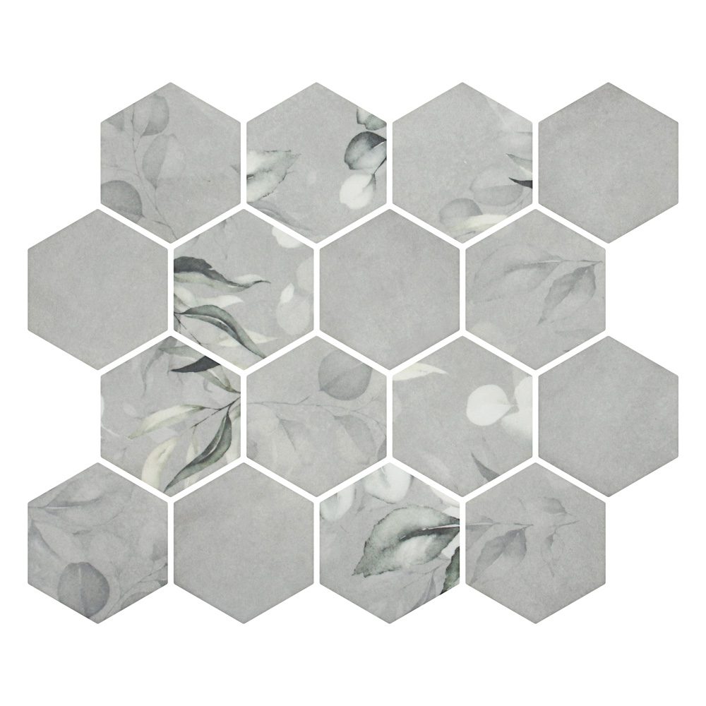 HexaFusion Botanica Clover Petal matte pressed glass hexagon mosaic, 3 inch hex, mesh-mounted sheet