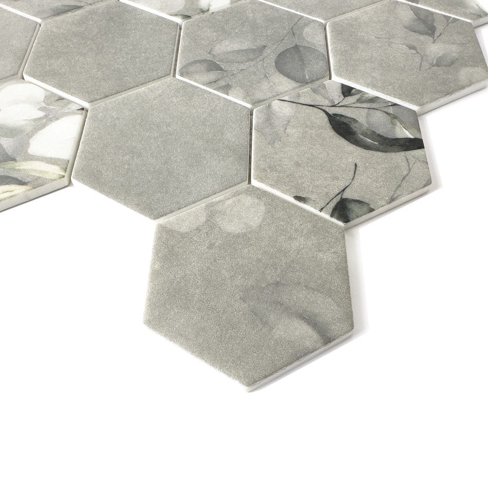 HexaFusion Botanica Clover Petal matte pressed glass hexagon mosaic surface, 3 inch hex, botanical accents