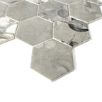 HexaFusion Botanica Clover Petal matte pressed glass hexagon mosaic surface, 3 inch hex, botanical accents