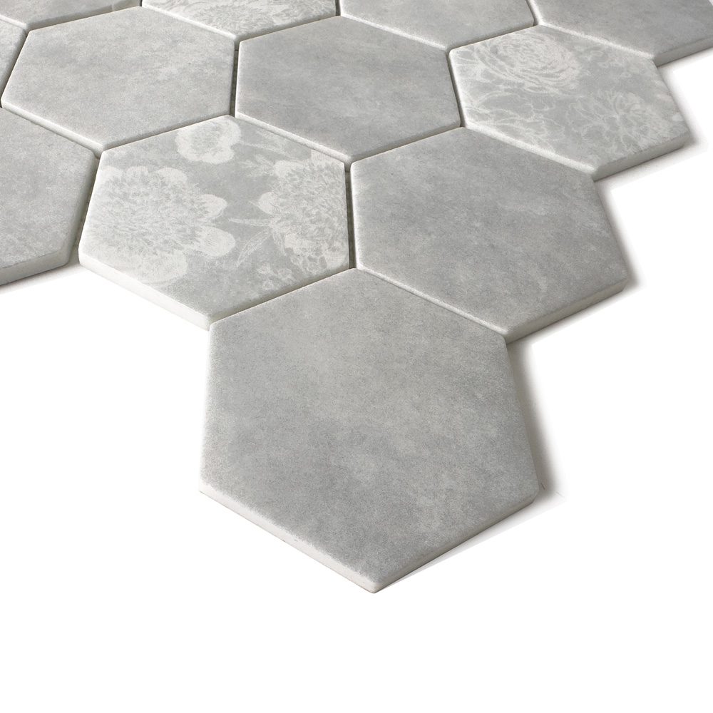 HexaFusion Botanica Ivy Vale matte pressed glass hexagon mosaic surface, 3 inch hex, floral accents