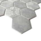 HexaFusion Botanica Ivy Vale matte pressed glass hexagon mosaic surface, 3 inch hex, floral accents