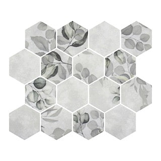 HexaFusion Botanica Juniper Flower matte pressed glass hexagon mosaic installed on bathroom wall, 3 inch hex