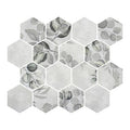 HexaFusion Botanica Juniper Flower matte pressed glass hexagon mosaic installed on bathroom wall, 3 inch hex