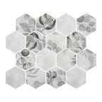 HexaFusion Botanica Juniper Flower matte pressed glass hexagon mosaic installed on bathroom wall, 3 inch hex