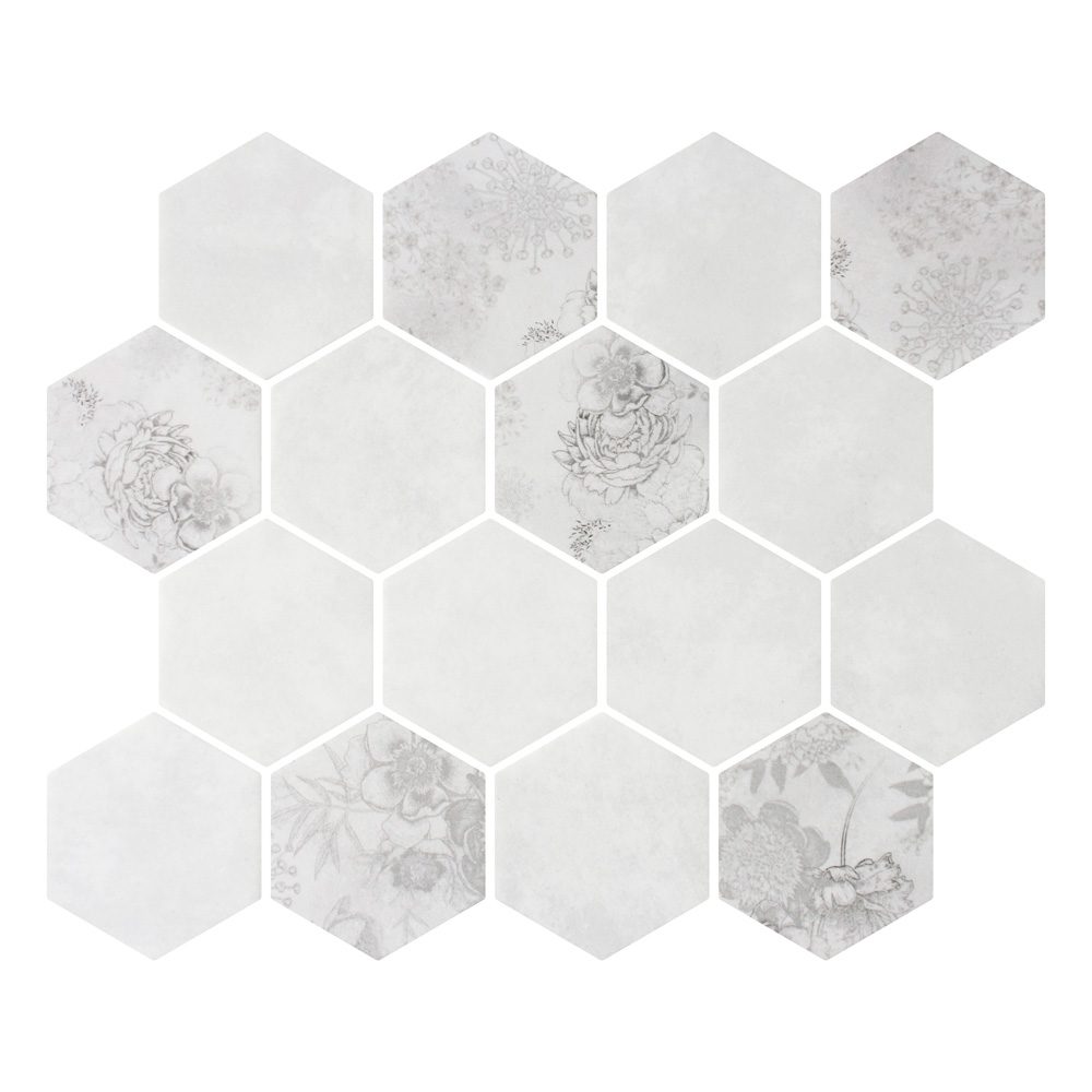 HexaFusion Botanica Linden Bloom matte pressed glass hexagon mosaic, 3 inch hex, mesh-mounted sheet
