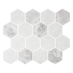 HexaFusion Botanica Linden Bloom matte pressed glass hexagon mosaic, 3 inch hex, mesh-mounted sheet