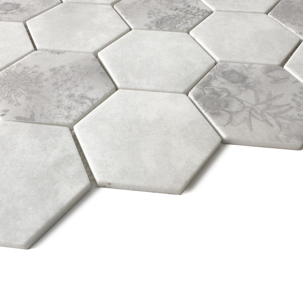 HexaFusion Botanica Linden Bloom matte pressed glass hexagon mosaic surface, 3 inch hex, floral accents