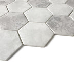 HexaFusion Botanica Linden Bloom matte pressed glass hexagon mosaic surface, 3 inch hex, floral accents
